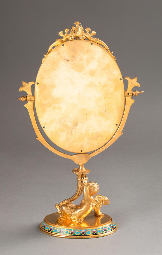 独角鹿西洋古董1850-1870年代法国拿破仑三世时期出品小天使造型铜鎏金精雕镶嵌花卉纹錾胎珐琅桌面立镜 商品图9