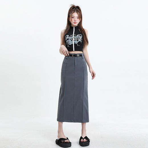 【灰色高腰中裙】2026夏季新款 显瘦学院风西装字一步裙子 后分叉半身裙 商品图1