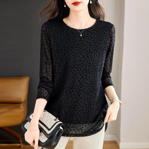 豹纹网纱打底衫女新款春秋季长袖女士t恤大码女装中长款上衣洋气 商品图4