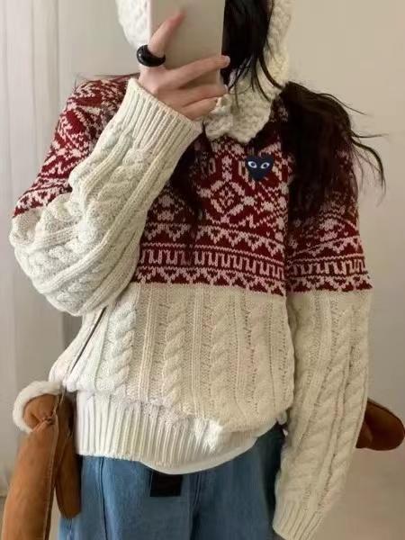 F012212新款麻花纹拼色提花基础圆领毛衣女款 商品图7