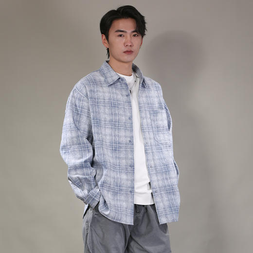 DRONKOO 2026 翻领左贴袋金属标压皱格纹微阔中厚衬衣外套 商品图1