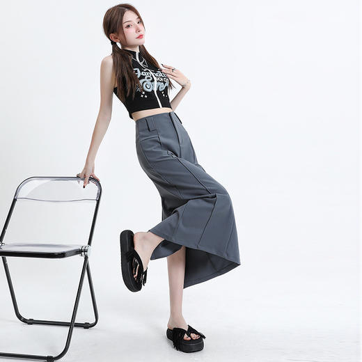 【灰色高腰中裙】2026夏季新款 显瘦学院风西装字一步裙子 后分叉半身裙 商品图3
