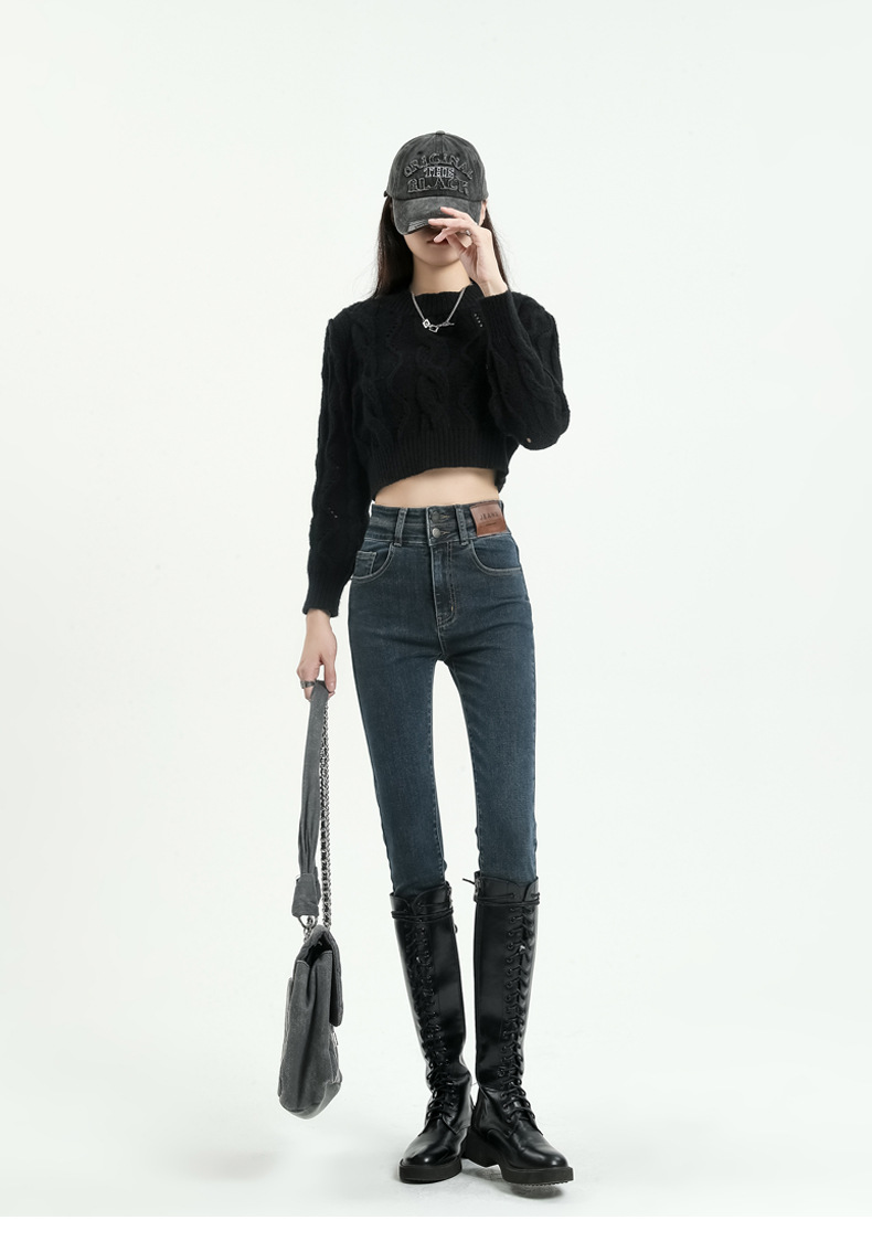 拉夏贝尔紧身小脚牛仔裤女秋季2023新款高腰显瘦修身黑色铅笔