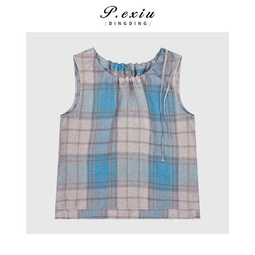04-3潘依绣丁丁宠粉韩系俏皮格纹圆领抽绳无袖衬衫Q5581 商品图0