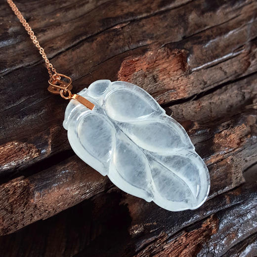 【天然正品】A货翡翠AU750玫瑰金冰种白色叶子造型翡翠（金枝玉叶）吊坠项链49.4*24.9*5.0MM（皆取最大值）060126NJM38 商品图6