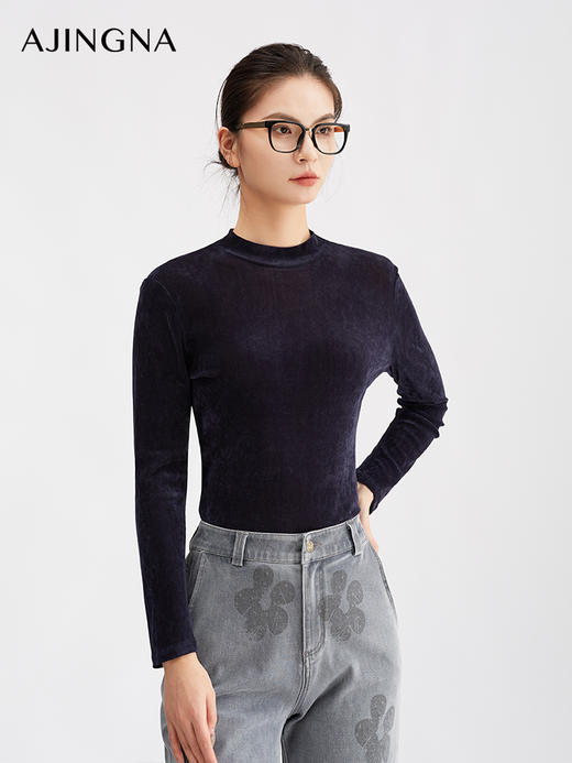【商场同款】阿菁娜冬季新款精致叠穿内搭丝绒小高领打底衫贴合颈部修饰线条A30Q102053 商品图1