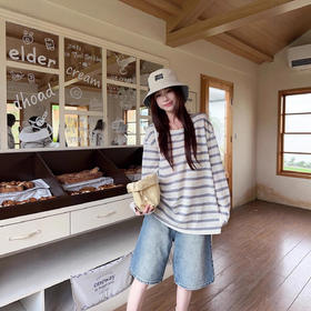 【经典条纹❗️随性穿搭】美式复古撞色条纹长袖T恤女秋季休闲宽松百搭圆领上衣韩版。jc