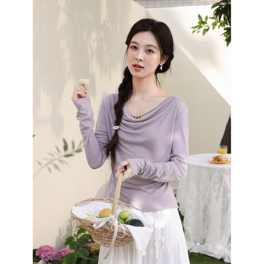 鹿向南「紫烟缠纱」灰紫色长袖T恤春季新款设计感时尚显瘦上衣女 商品图1