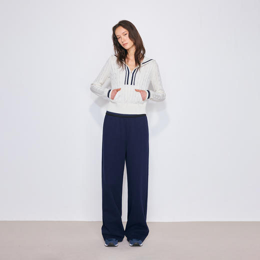 NUTH海军风撞色绞花连帽针织衫女 白色/蓝色 商品图0