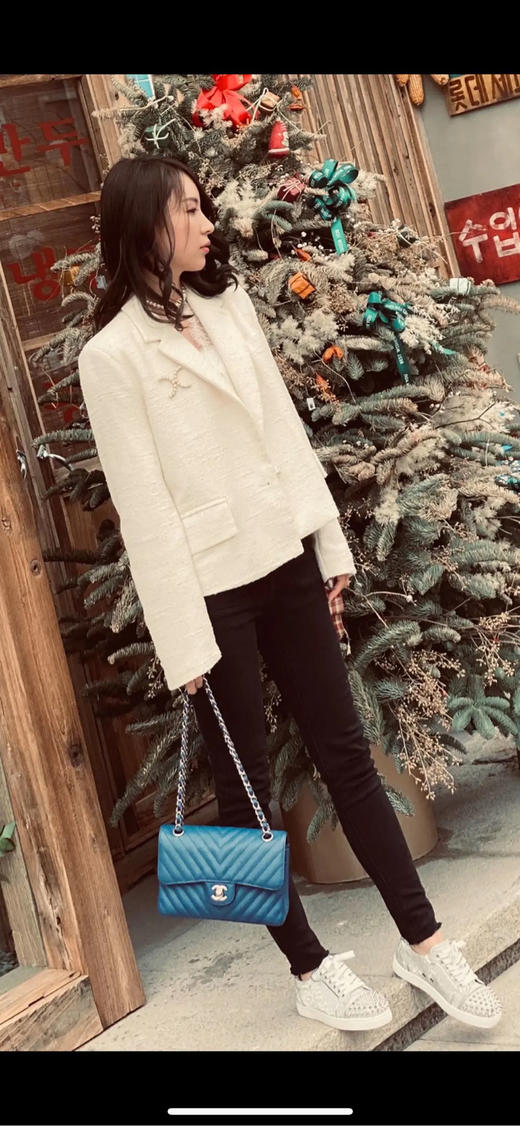 Chanel Cf 蓝色V纹 银扣 荔枝牛皮 小号 单肩包 商品图2