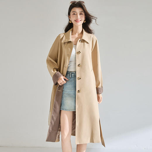 「高货sh」全新升级【铂金会员413/天猫559/差价146】(01024)洛诗琳经典翻领外套2026春季气质优雅格纹袖口拼接风衣 商品图0