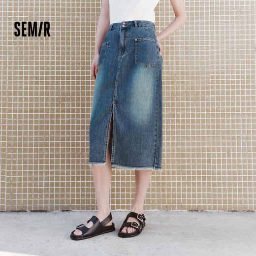森柔|森马牛仔半身裙女夏季高腰开叉毛边长裙做旧复古潮流直筒裙 商品图1