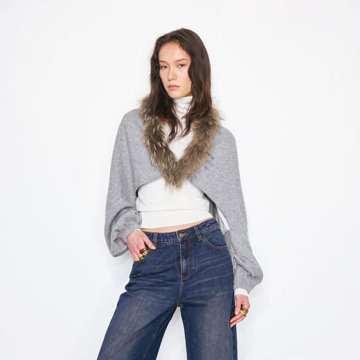 NUTH花灰色可拆卸毛领灯笼袖针织披肩短外套女 商品图1