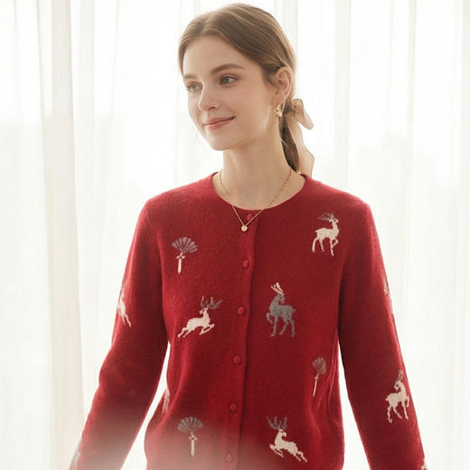 KINGDEER/KD羊绒绣花时尚薄款毛针织衫秋冬季上衣 约243g L805818全部红色款100%山羊绒鹿王 商品图12