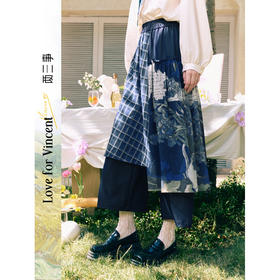 两三事梵高文艺时光画布2026春新款复古印花布拼接阔腿裤女休闲裤
