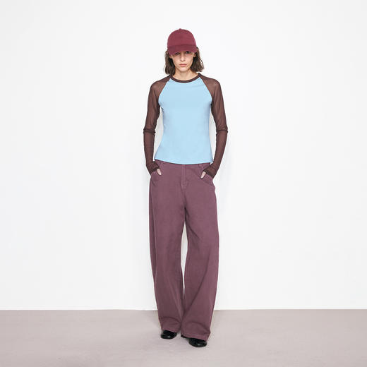 NUTH紫红色复古做旧宽松弯刀工装裤女 商品图1