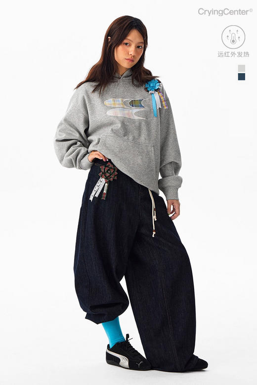 CryingCenter 格纹贴布绣加绒连帽卫衣 配胸花 男女同款 哭喊中心 商品图4