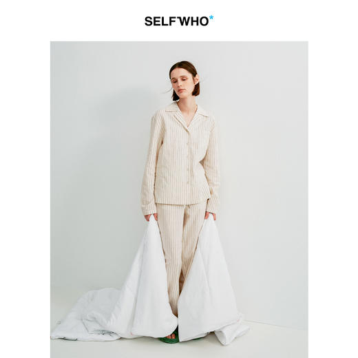 SELFWHO亚麻棉混纺浅卡其色条纹睡裤直筒裤女2026春季新款家居裤 商品图1
