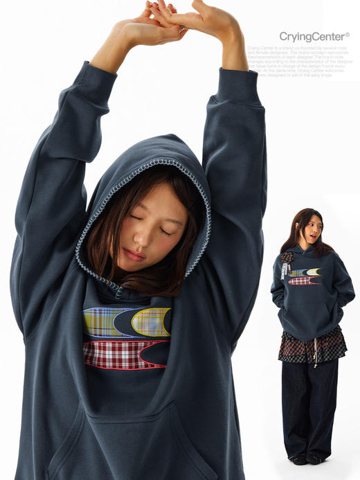 CryingCenter 格纹贴布绣加绒连帽卫衣 配胸花 男女同款 哭喊中心 商品图2