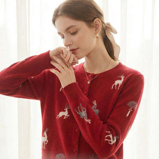 KINGDEER/KD羊绒绣花时尚薄款毛针织衫秋冬季上衣 约243g L805818全部红色款100%山羊绒鹿王 商品图13