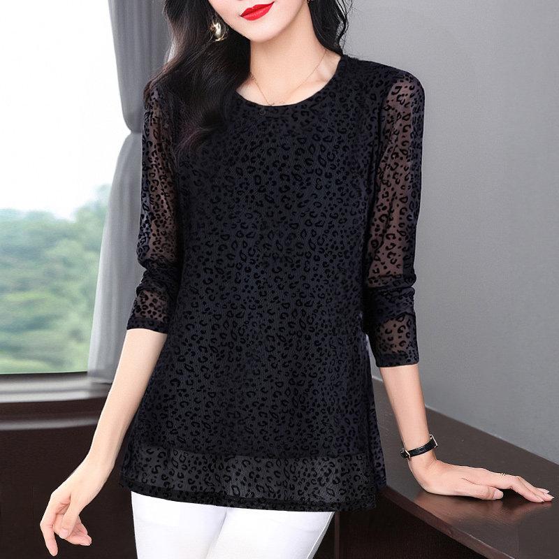 豹纹网纱打底衫女新款春秋季长袖女士t恤大码女装中长款上衣洋气