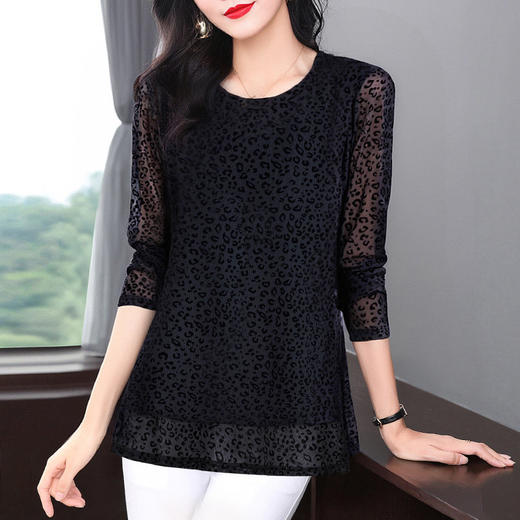 豹纹网纱打底衫女新款春秋季长袖女士t恤大码女装中长款上衣洋气 商品图0