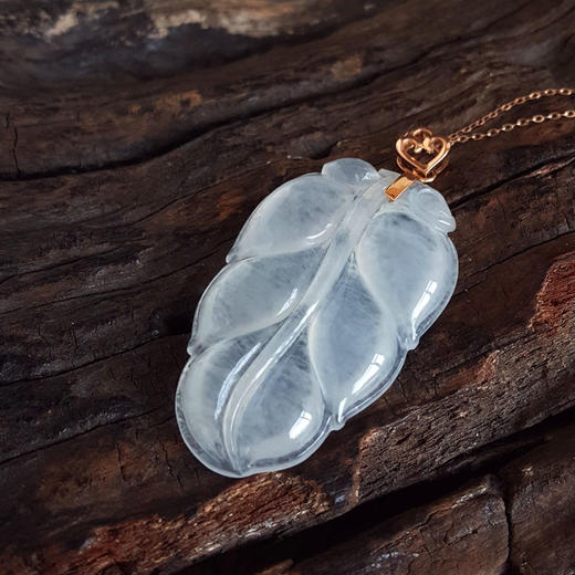 【天然正品】A货翡翠AU750玫瑰金冰种白色叶子造型翡翠（金枝玉叶）吊坠项链49.4*24.9*5.0MM（皆取最大值）060126NJM38 商品图5