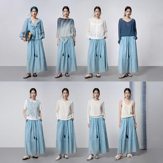 【林栖设计小店】手工炒色|苎麻天蓝色绣花肌理宽松显瘦2026春新款半身裙1961143 商品图7