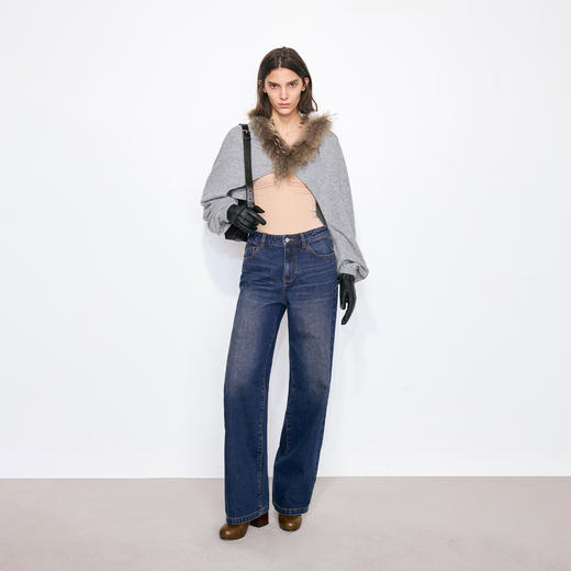 NUTH花灰色可拆卸毛领灯笼袖针织披肩短外套女 商品图3