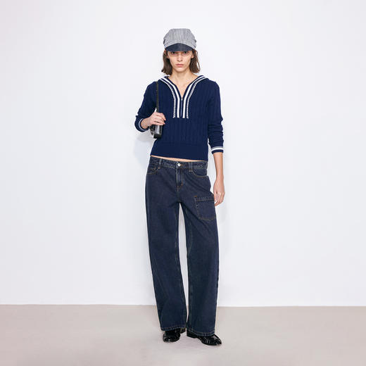 NUTH海军风撞色绞花连帽针织衫女 白色/蓝色 商品图2