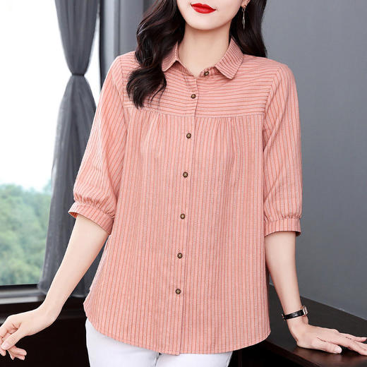 条纹七分袖衬衫女夏季新款大码宽松休闲减龄衬衣中袖条纹上衣中长 商品图2