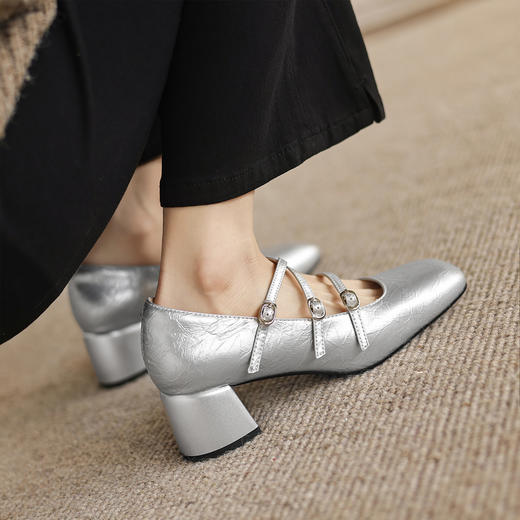 阿么手工女鞋2026新款高跟单鞋交叉带方头法式银色玛丽珍鞋子5CM 商品图1