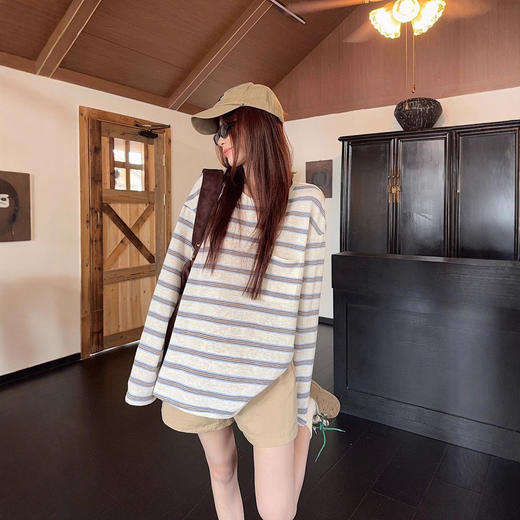 【经典条纹❗️随性穿搭】美式复古撞色条纹长袖T恤女秋季休闲宽松百搭圆领上衣韩版。jc 商品图2