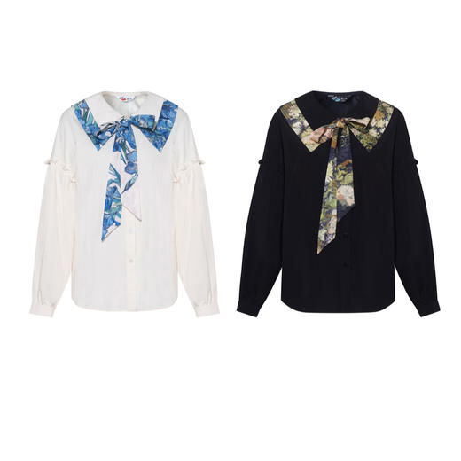 两三事梵高文艺 云上纸舟 2026冬季新款印花可拆翻领灯笼袖衬衫女 商品图4