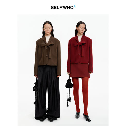 SELFWHO纯绵羊毛飘带领双面呢短外套女2025冬新款直身H型毛呢外套 商品图2