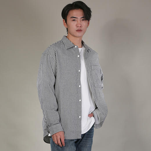 DRONKOO 2026 翻领左贴袋侧唛竖条纹长袖中厚衬衣 商品图2