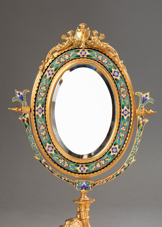 独角鹿西洋古董1850-1870年代法国拿破仑三世时期出品小天使造型铜鎏金精雕镶嵌花卉纹錾胎珐琅桌面立镜 商品图4