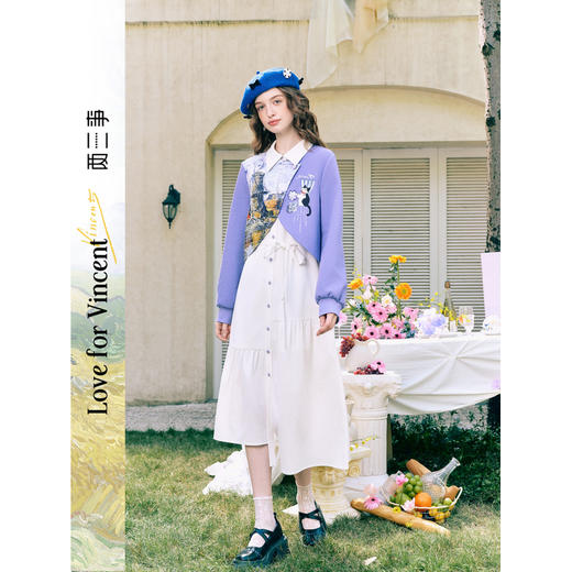 两三事梵高文艺记忆香氛2026春季新款小清新印花拼布假两件连衣裙 商品图0