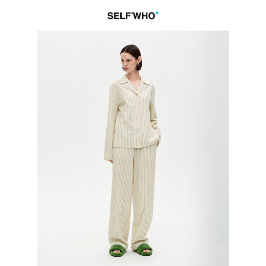 SELFWHO亚麻棉混纺浅卡其色条纹睡裤直筒裤女2026春季新款家居裤 商品图3