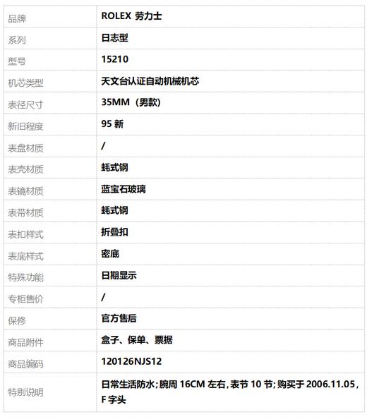 【95新】ROLEX 劳力士15210天文台认证自动机械机芯日期显示35MM（男款）日志型蚝式钢  120126NJS12 商品图10
