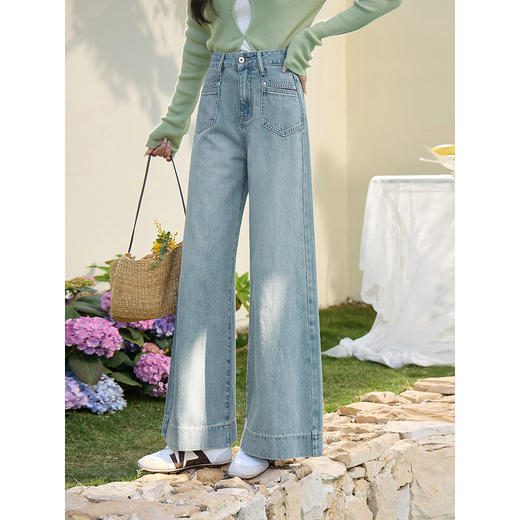 鹿向南「晴岸织蓝」蓝色直筒牛仔裤春新款时尚百搭高腰修身长裤女 商品图0