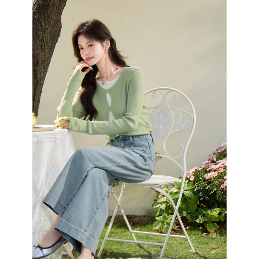 鹿向南「软云漫织」长袖灰色针织衫女春季新款气质显瘦假两件上衣 商品图4