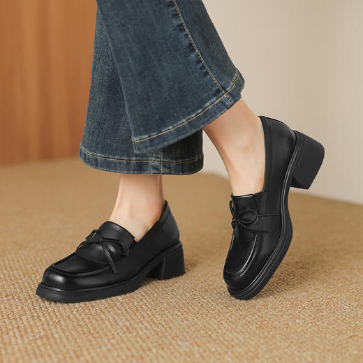 阿么手工女鞋蝴蝶结粗跟小皮鞋女款软皮软底真皮百搭乐福鞋5.8CM 商品图1