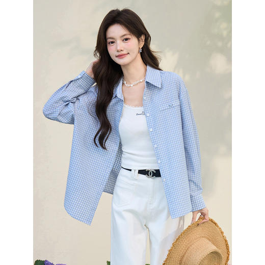 鹿向南「蓝风信屿」蓝色格子翻领通勤休闲衬衫女春季叠穿长袖上衣 商品图0