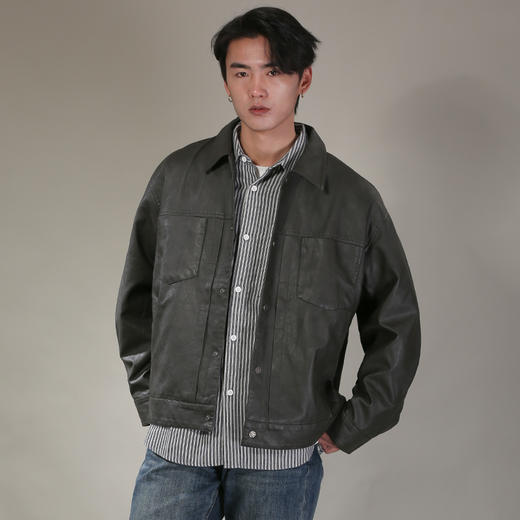 DRONKOO 2026 翻领前双贴袋门襟压褶中厚皮衣 商品图2