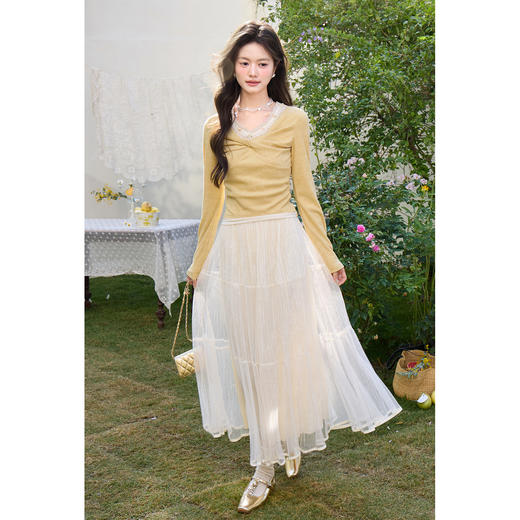 鹿向南「仙境之森」黄色假两件长袖t恤女春掐腰显瘦修身短款上衣 商品图1