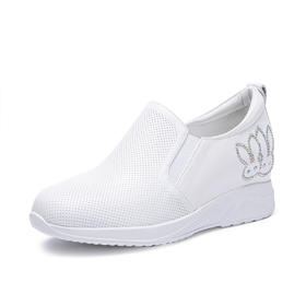 迪宝女鞋牛皮卡通水钻厚底增高休闲鞋女春夏款简约#白色40【无运费险】