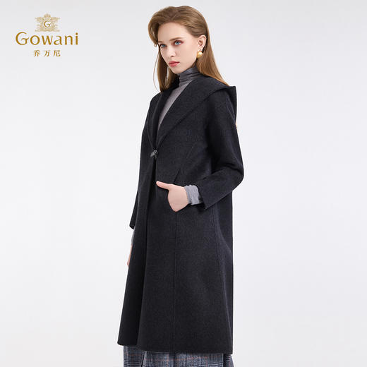 乔万尼连帽设计气质优雅感烟草灰宽松中长款羊毛大衣ED4A781901 商品图1