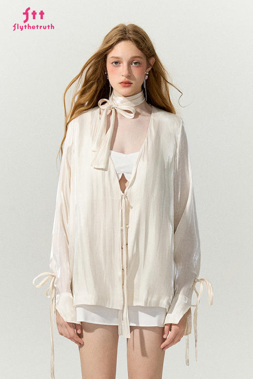 FTT Flythetruth  光影流萤 欧若风绑带白衬衫女上衣复古飘带衬衣 商品图5