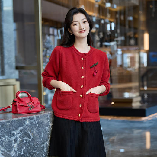 奢姿大码女装2025冬季时尚圆领针织开衫胖妹妹气质优雅休闲上衣9854654006 商品图1